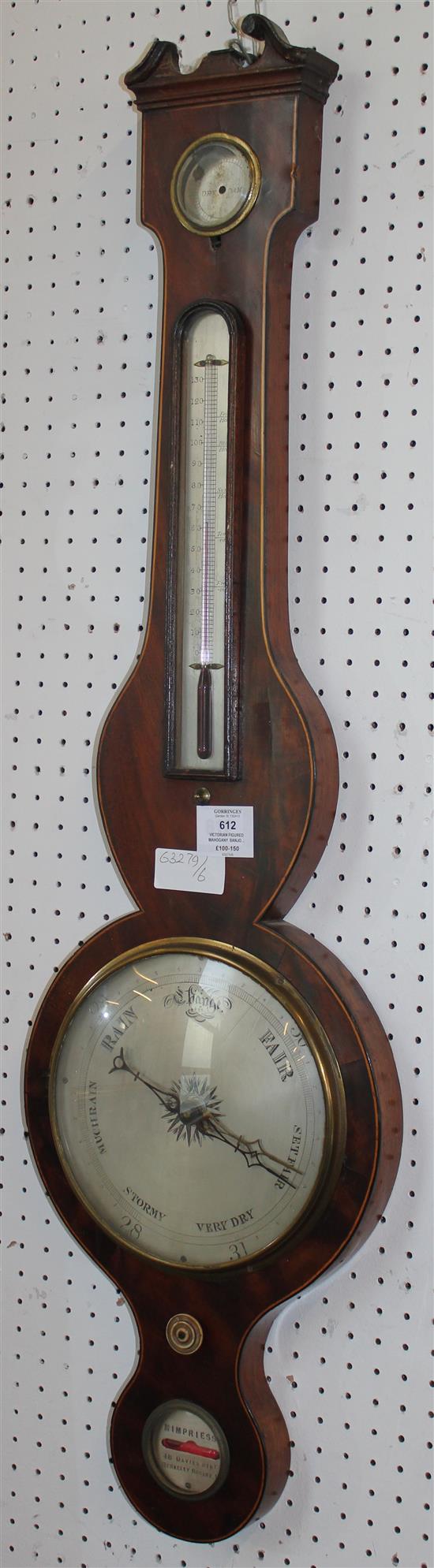 Victorian figured mahogany banjo barometer, inscribed MIMPRIESS, 48 Davies St, Berkeley Square(-)